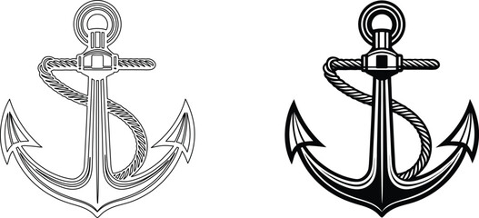 Nautical anchor with rope vector line art and solid icons on a transparent background marine design. © Sukumar