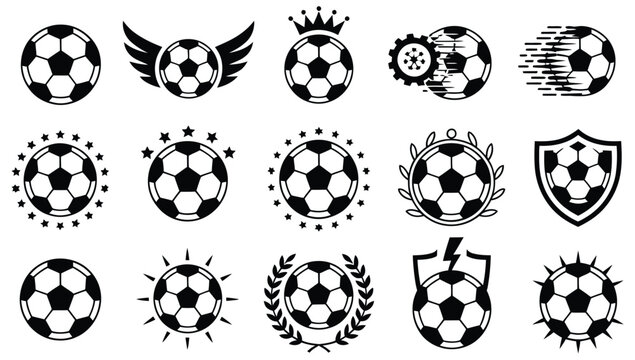 Soccer Football Icons Set Representing Abstract Black Silhouette Balls with Wings Crowns Flames Gears Space Planets Lightning Shields and Laurel Elements for Team Identity Vector Designs