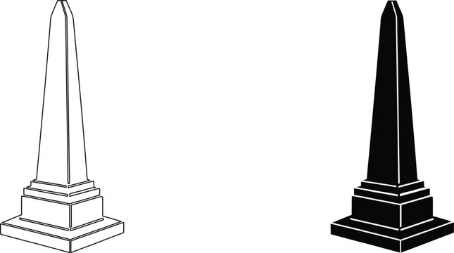 An ancient monument, a tall obelisk with a square base, line art and black silhouette.
