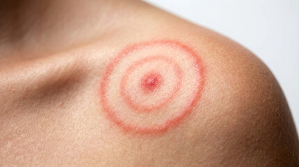 Fototapeta premium Close-up of a red erythema migrans bullseye rash on human skin from a tick bite, Lyme disease symptom