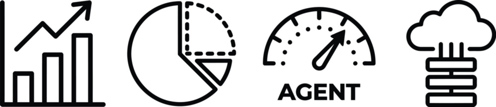 Business analytics and performance monitoring icons with growth graph pie chart speedometer and cloud database