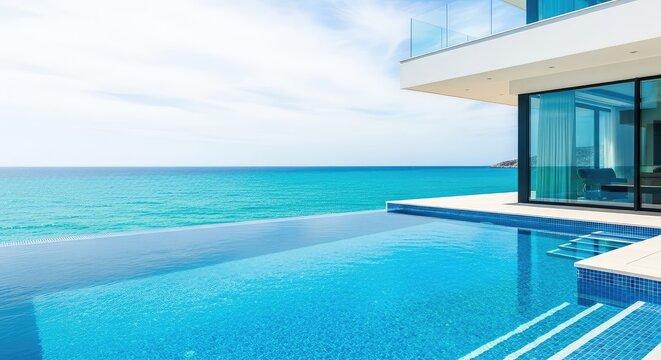 An architectural masterpiece of a modern home showcases a crystal clear infinity pool overlooking the vast turquoise sea and a bright sky, exotic, paradise, design