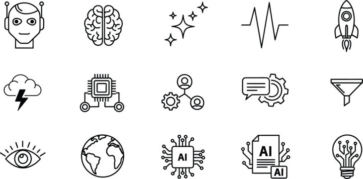 Artificial intelligence technology icons set linear design for data science and machine learning concepts