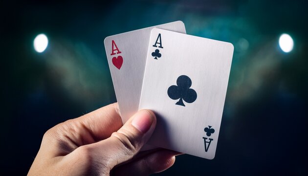 hand holding two aces dramatic poker cards close up