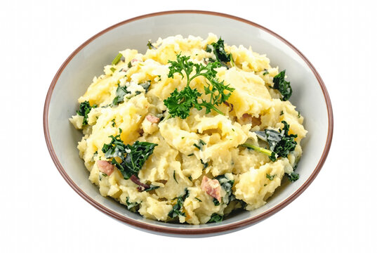 Traditional Dutch Stamppot with Kale and Bacon in a Ceramic Bowl