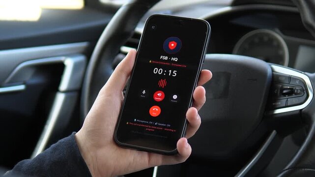 Active encrypted call with FSB Headquarters on a smartphone. The screen displays a red shield icon, timer, and a State Secret protection notice. Perfect for government security, intelligence visuals
