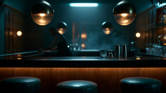 Ein Mann arbeitet allein in einer stimmungsvoll beleuchteten Bar mit warmem Lampenlicht und Flaschen im Hintergrund