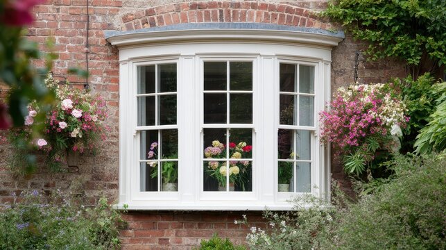 Classic White Bow Window on Red Brick House with Pink Summer Flowers