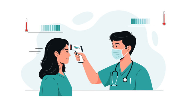 Doctor wearing mask checks patient's temperature with infrared thermometer, medical screening, health check