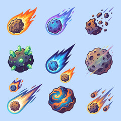 A collection of colorful pixel art style meteorites in space © Brown