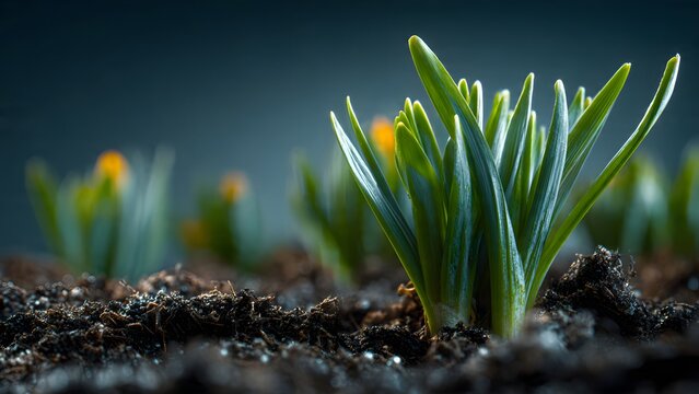 Young green crocus flower sprouts growing out of rich dark soil in early spring garden representing new life beginning and organic growth concept.