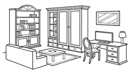 Cozy living room layout with sofa bookshelves and computer workstation, interior © Mahdi
