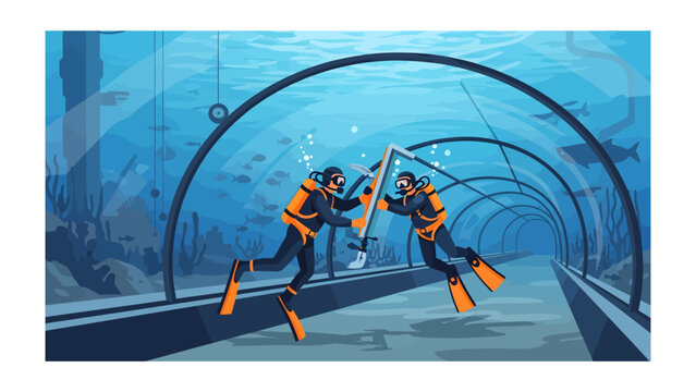 Underwater Exploration Tunnel: Two divers clad in orange suits explore an underwater tunnel, surrounded by aquatic life and illuminated by ambient light, symbolizing adventure and discovery.