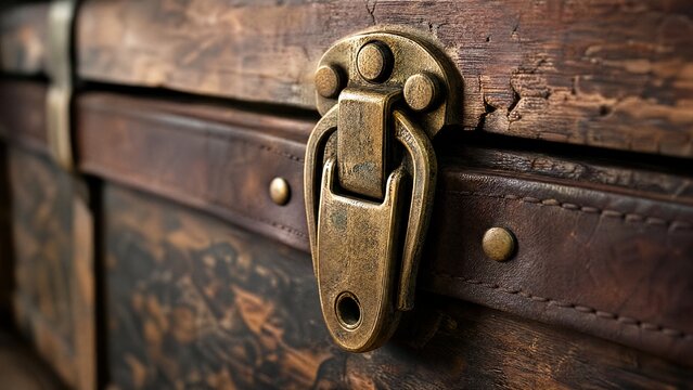 A heavy brass hasp fastened on the leather strap of an aged wooden crate.