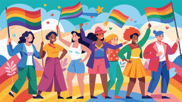 Diverse group of women holding rainbow flags during a vibrant celebration with colorful background and confetti