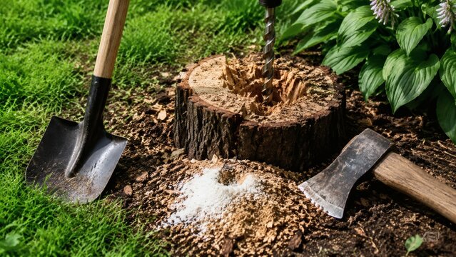 Tools used for chopping wood on tree stump in garden  