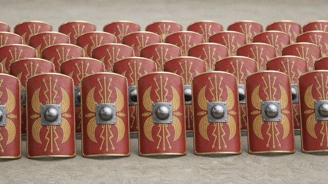 A repeating pattern of Roman shields forming a defensive wall.