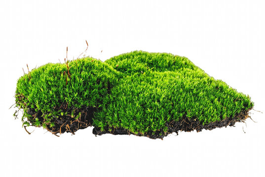 Lush Vibrant Green Moss Turf with Roots Isolated on Dark Surface
