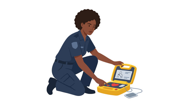 African American Female Paramedic Operating Yellow AED