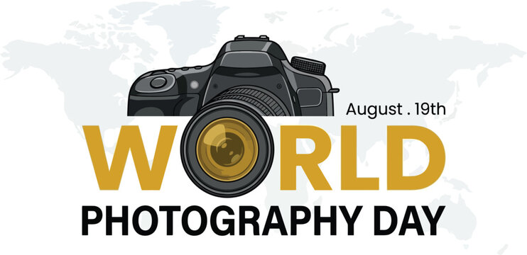 World Photography Day logo with camera and world map background