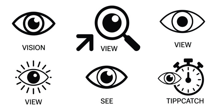 Eye icons, visual perception and observation symbols with descriptive text, view and vision graphics for applications, websites, presentations, and information design.