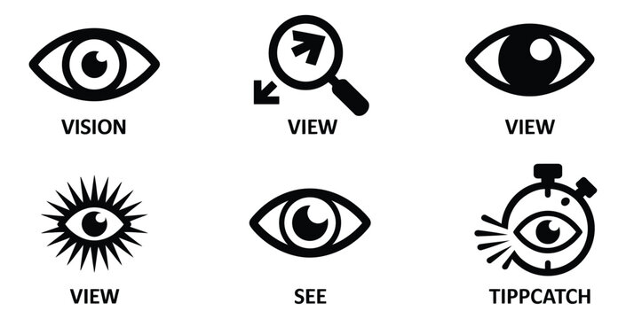 Eye icons, visual perception and observation symbols with descriptive text, view and vision graphics for applications, websites, presentations, and information design.