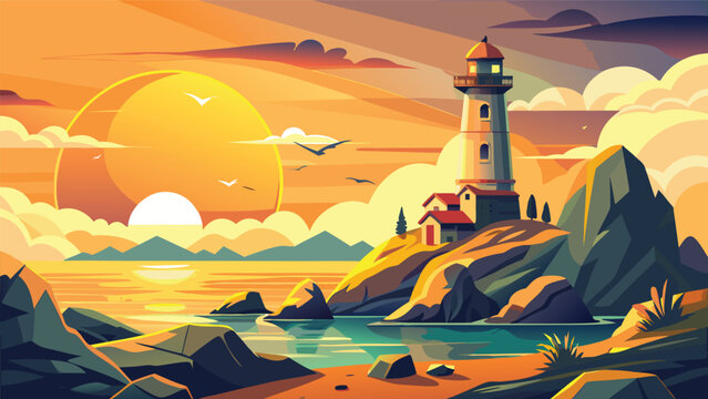 Lighthouse on rocky coast during golden hour sunset with birds flying overhead and calm sea waves