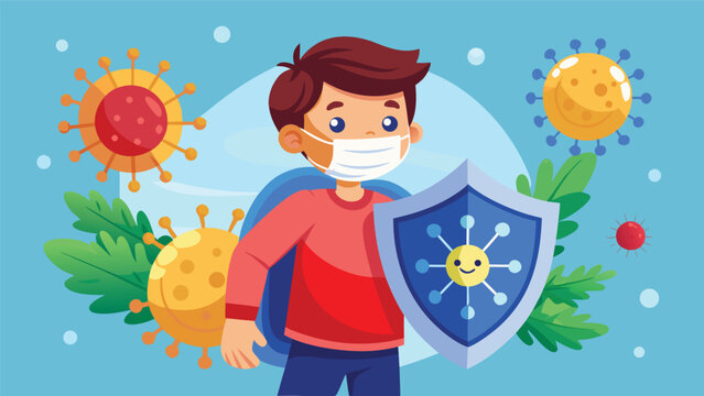 Boy with face mask holding shield against viruses during pandemic with plants and germs