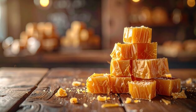 A warm pile of golden honeycomb caramel candies individually wrapped and scattered on a rustic wooden table.