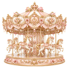 Fototapeta premium Luxury Coquette Carousel with Pink Roses, Pearls and Golden Victorian Horses, Romantic Princesscore Rococo Merry-Go-Round Illustration