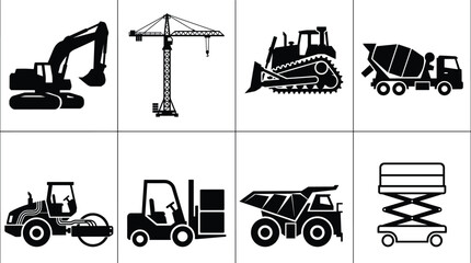 Construction Machinery and Heavy Equipment Silhouette Icons Set Including Excavator Crane Bulldozer Cement Mixer Truck Dump Truck and Forklift © SHAPLAKHATUN