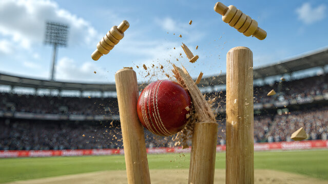 Cricket Ball Hitting Wickets in Stadium 