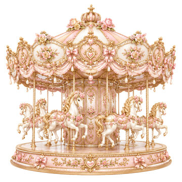 Luxury Coquette Carousel with Pink Roses, Pearls and Golden Victorian Horses, Romantic Princesscore Rococo Merry-Go-Round Illustration