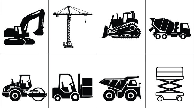 Construction Machinery and Heavy Equipment Silhouette Icons Set Including Excavator Crane Bulldozer Cement Mixer Truck Dump Truck and Forklift