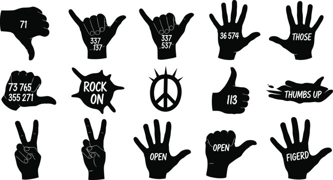 Hand gesture silhouette collection vector illustration featuring thumbs up peace sign rock gesture open palm and symbolic communication icons