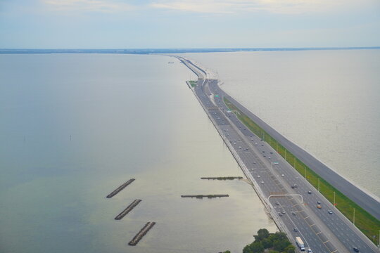 Aerial view of a bridge crossing Tampa Bay area in Florida