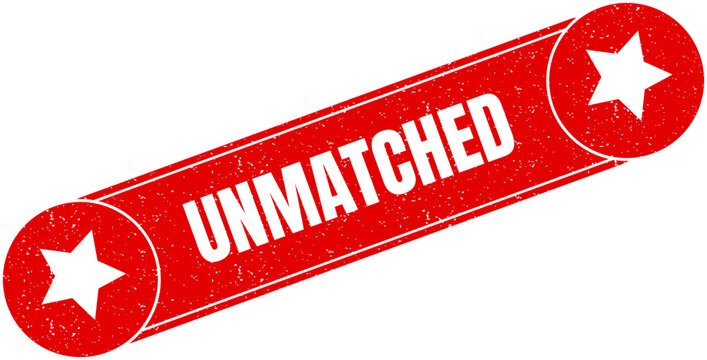 Red textured banner label with the word unmatched and white star shapes on rounded ends