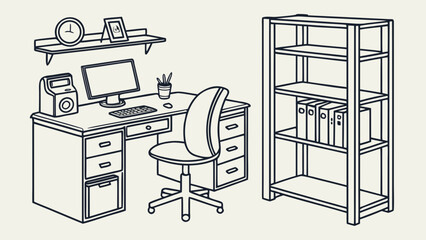 Home office workspace setup with computer desk and bookcase computer bookcase © Mehe