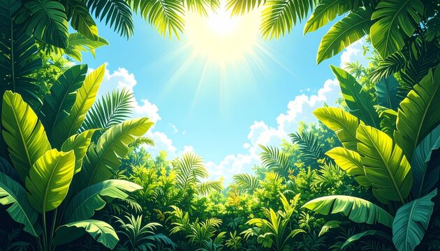 Tropical palm and banana leaves in a framing composition for summer paradise, vibrant digital illustration with bright sunrays on clear blue sky background.