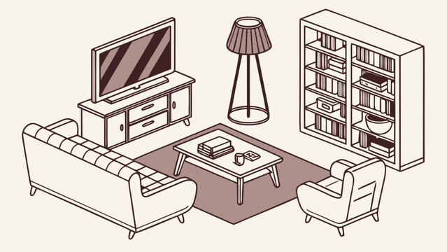 Isometric living room furniture setup with tv bookshelf and sofa, furniture