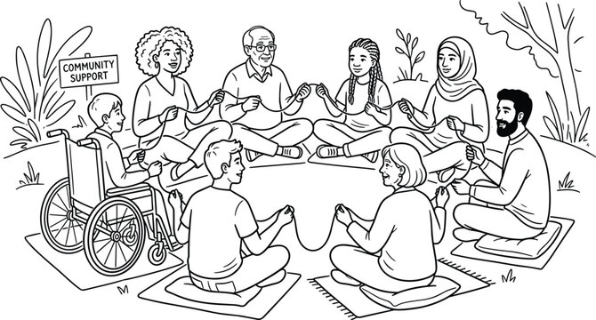 Diverse group of people in a community support circle holding string to represent unity, connection, and collaboration