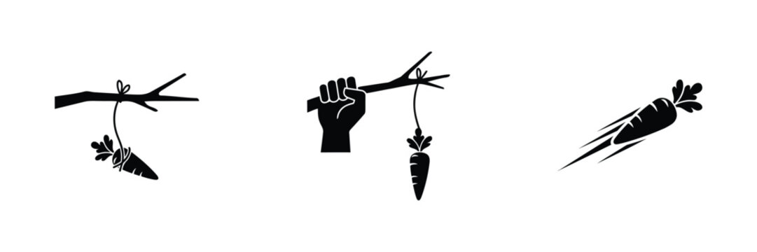 Carrot on a stick icons, incentive and reward symbols for motivation, goal setting, performance improvement, business strategy