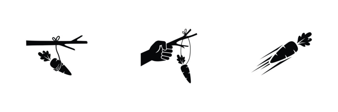Carrot on a stick icons, incentive and reward symbols for motivation, goal setting, performance improvement, business strategy