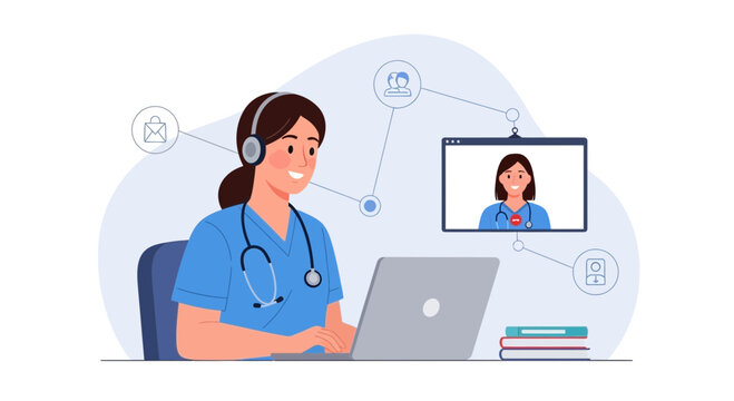 Healthcare professional in telemedicine consultation, doctor using laptop for online patient care and virtual appointment, medical technology