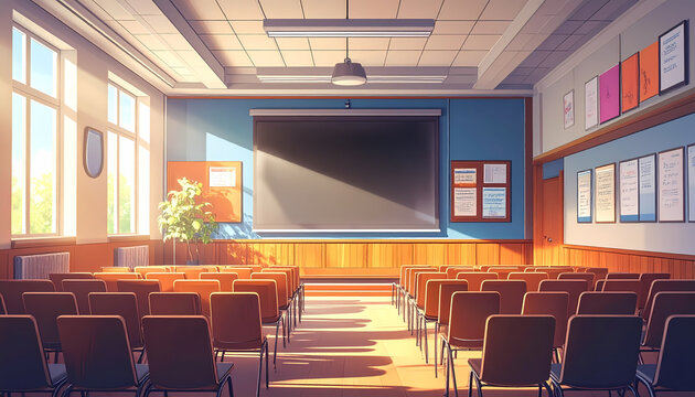 Empty school lecture hall with projector screen, wide angle shot of a classroom for learning, anime-style illustration, bright warm sunlight streaming through windows.