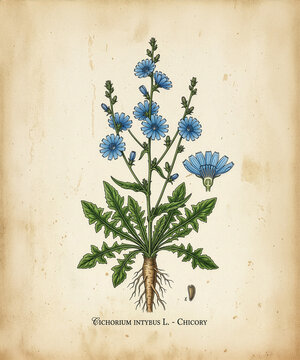 Vintage botanical illustration of chicory plant, Cichorium Intybus, featuring detailed blue flowers, foliage, roots, seed pod, and scientific labeling on an aged paper background