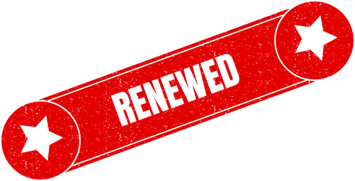 Red textured stamp with star icons featuring the word renewed for official project status labeling