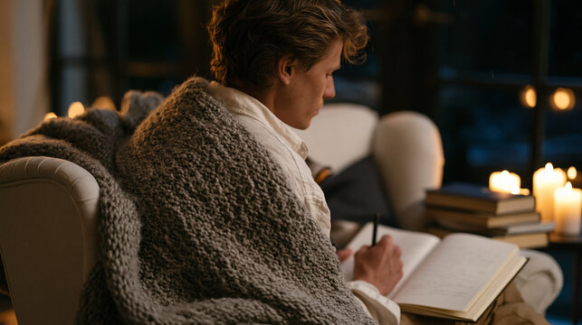 Over the shoulder view of a man journaling by candlelight during February coziness, heavy knit throw draped across his shoulders, rain audible against dark windows, a stack of