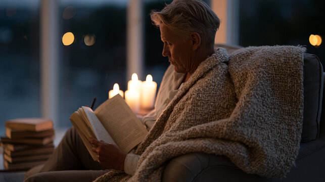 Over the shoulder view of a man journaling by candlelight during February coziness, heavy knit throw draped across his shoulders, rain audible against dark windows, a stack of