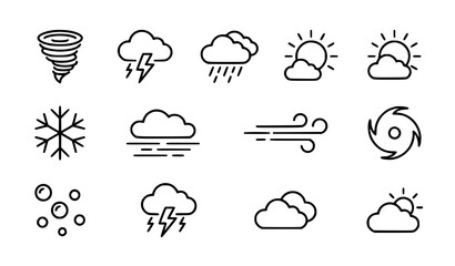 Obraz premium Modern weather outline icon collection with tornado storm and climate vector illustrations